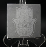 3" Selenite Engraved Square Plate - Hamsa