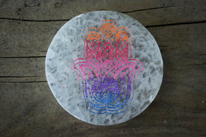 Hand Painted Hamsa Etched Selenite Charging Plate - Old Souls Outpost 